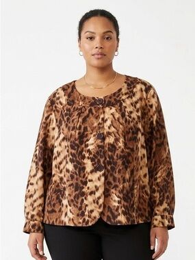 Joanna Plus Leopard/Animal Print Pleated Portrait Collar Swing Jacket 1X EUC